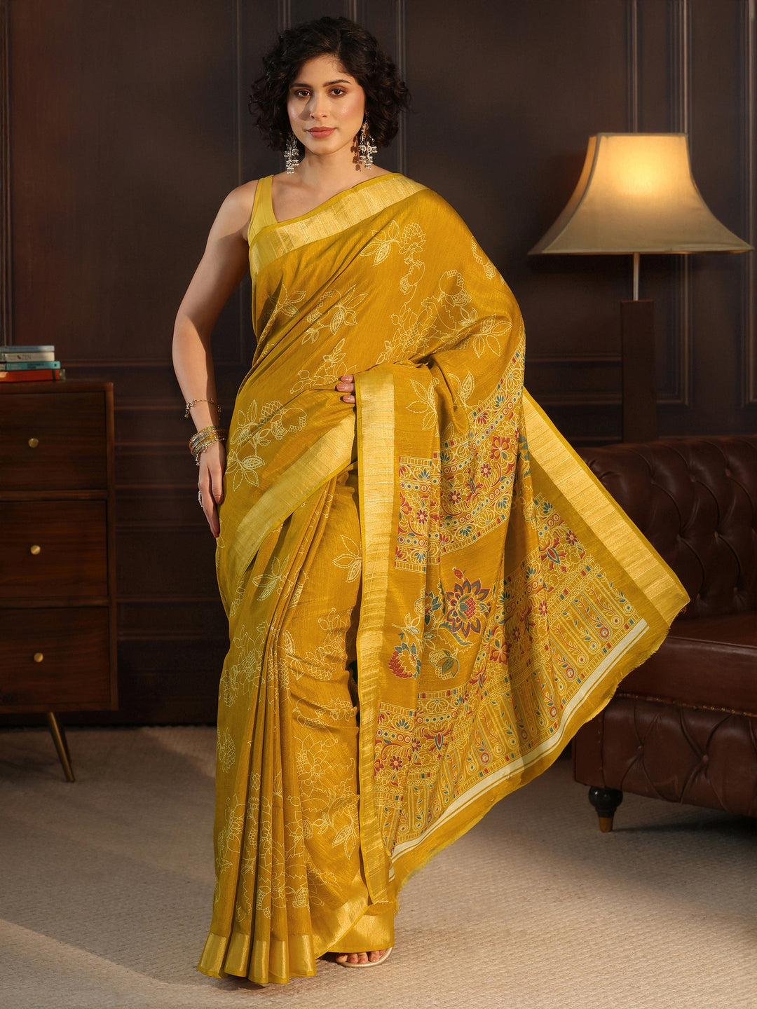  Libas Mustard Floral Printed Silk Blend Saree 