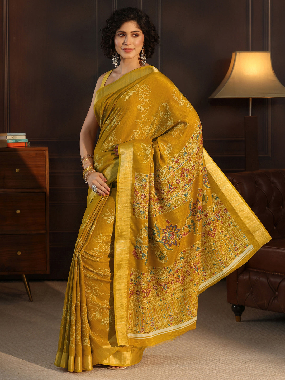  Libas Mustard Floral Printed Silk Blend Saree 
