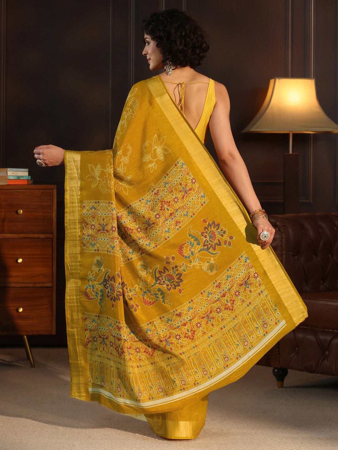  Libas Mustard Floral Printed Silk Blend Saree 