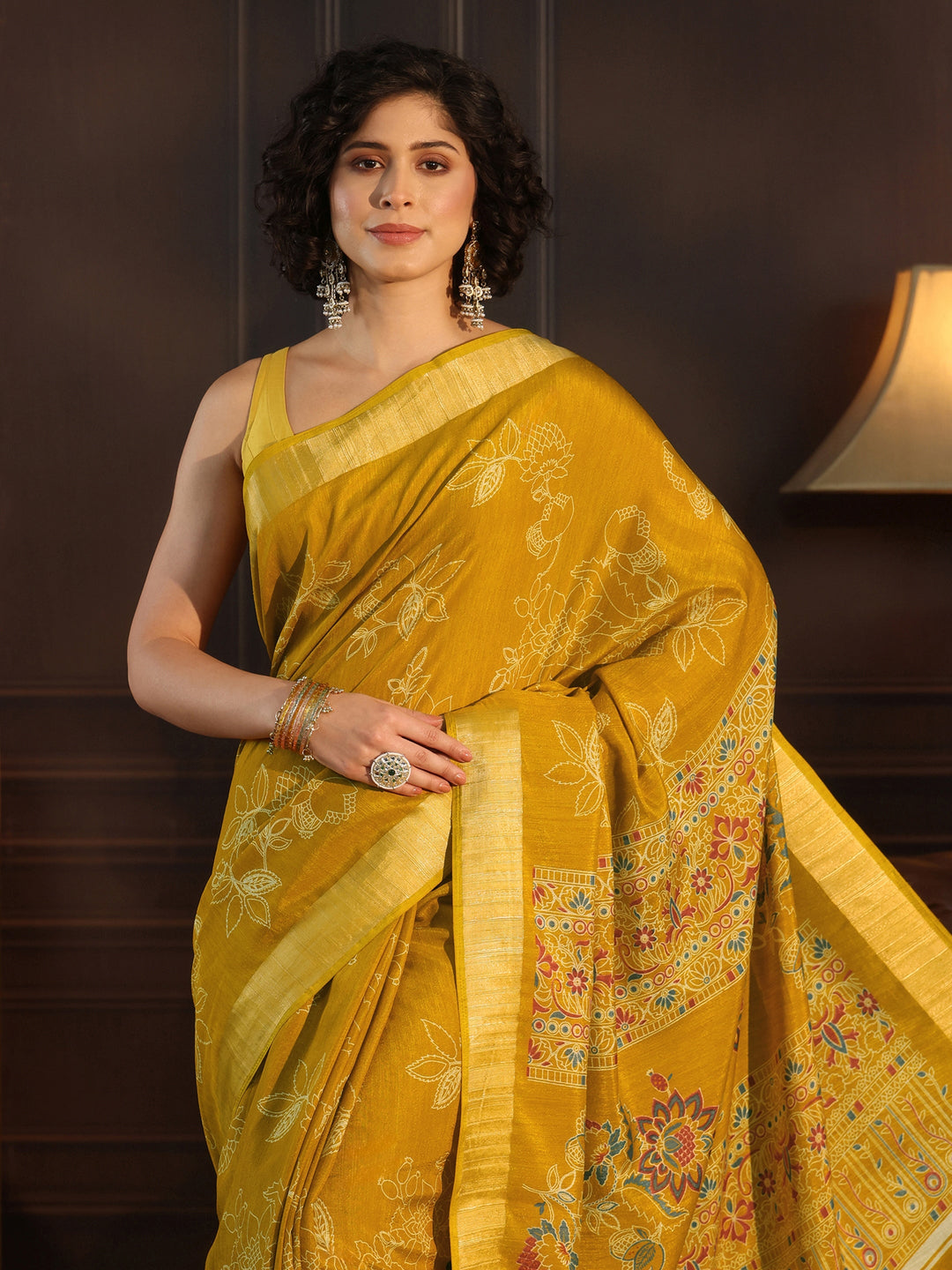  Libas Mustard Floral Printed Silk Blend Saree 