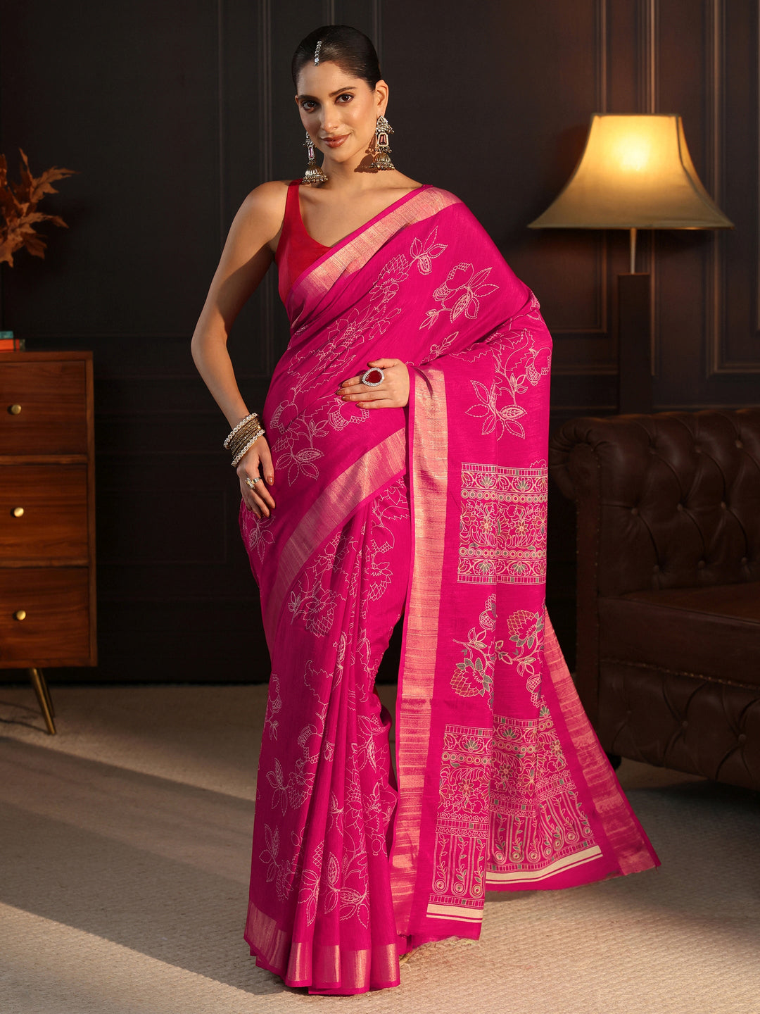  Libas Pink Floral Printed Silk Blend Saree 