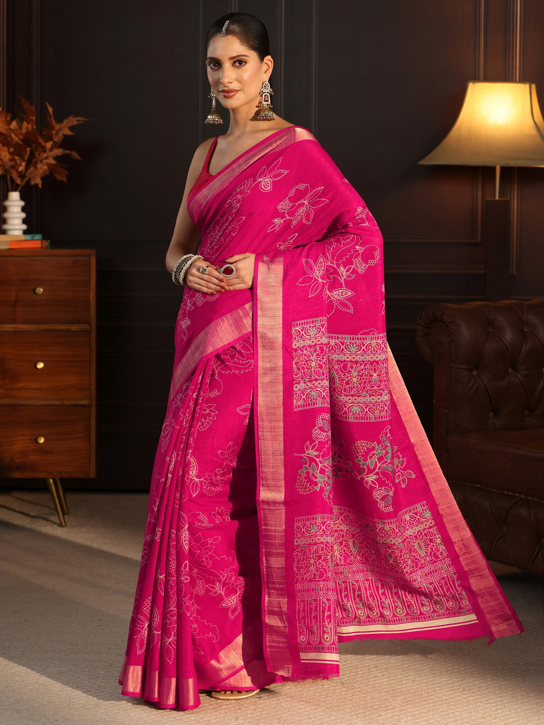  Libas Pink Floral Printed Silk Blend Saree 