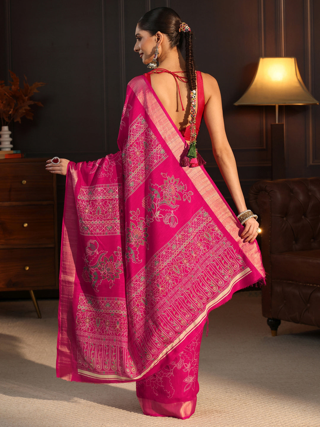  Libas Pink Floral Printed Silk Blend Saree 