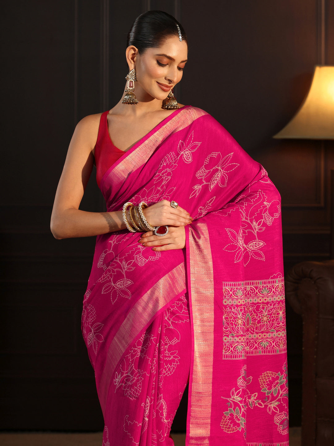  Libas Pink Floral Printed Silk Blend Saree 