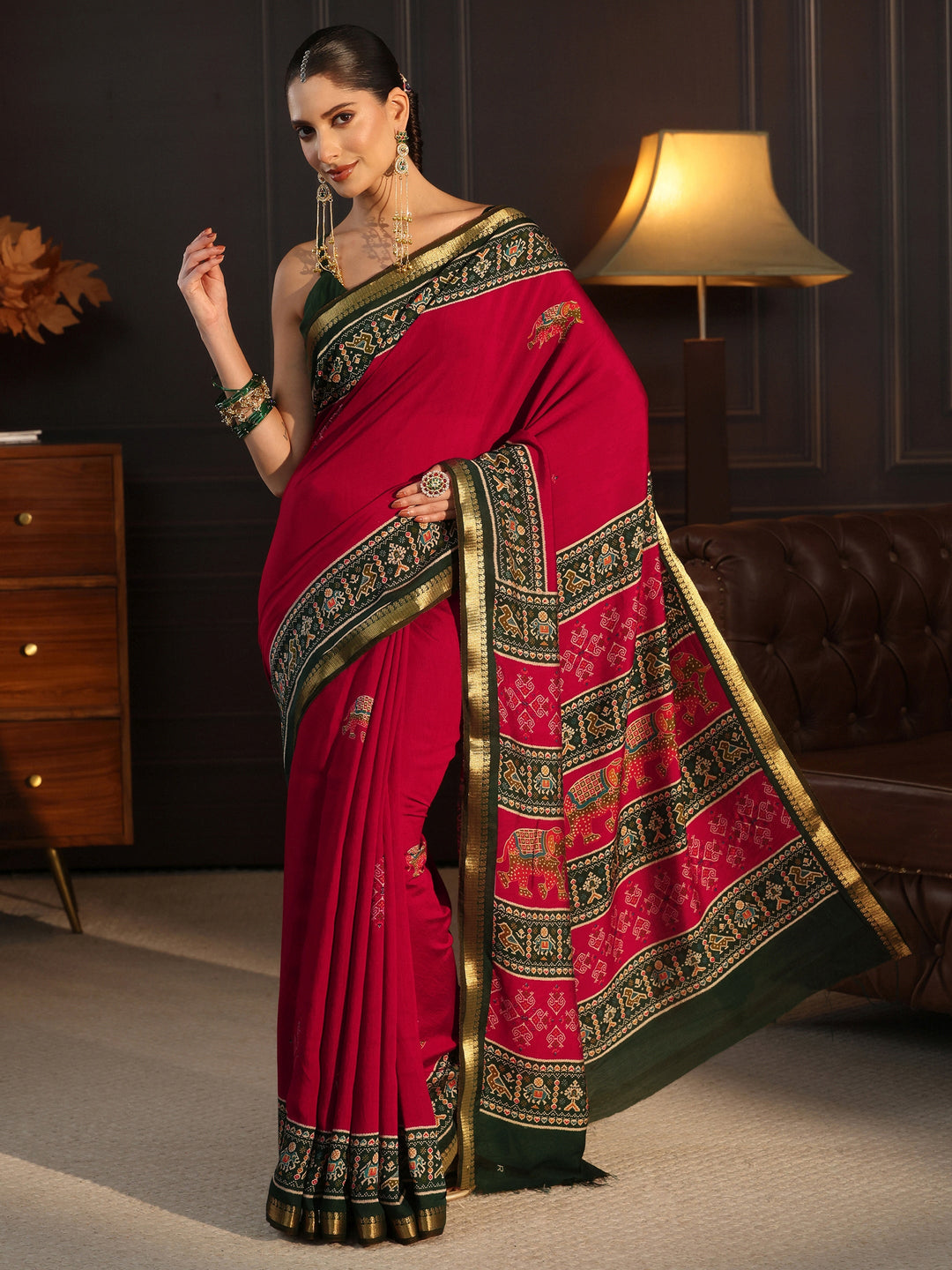  Libas Red Patola Border Printed Silk Blend Saree 