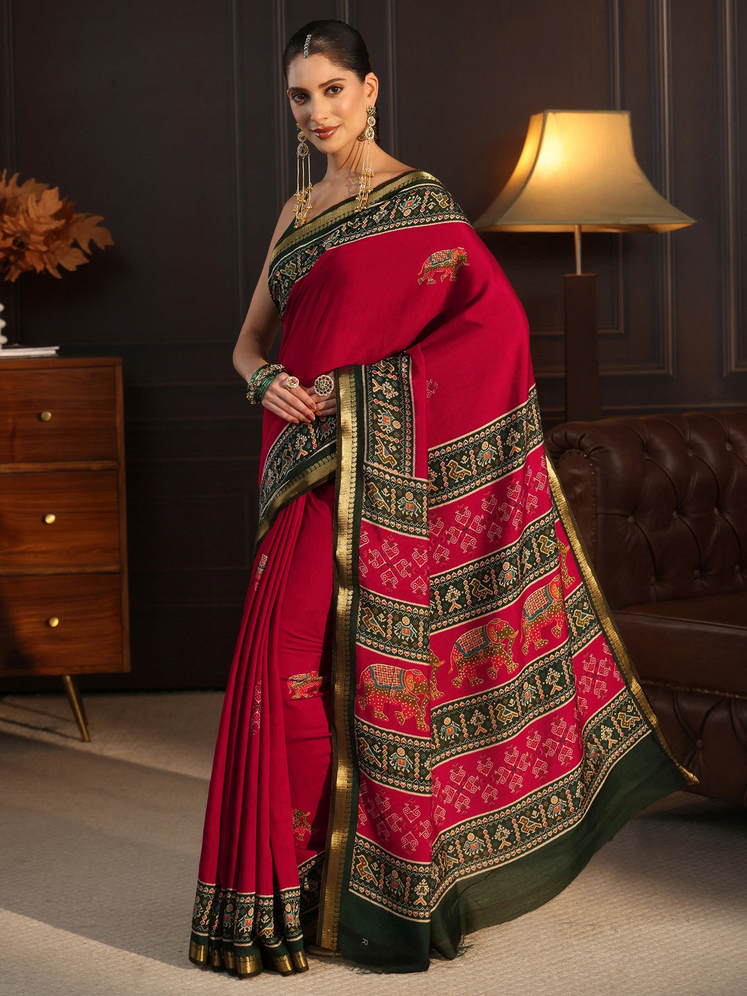  Libas Red Patola Border Printed Silk Blend Saree 