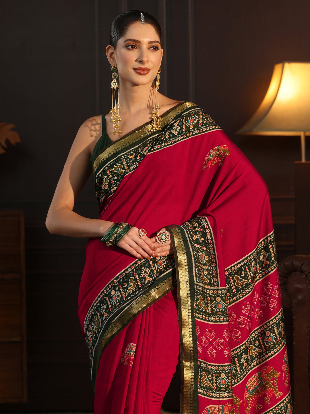  Libas Red Patola Border Printed Silk Blend Saree 