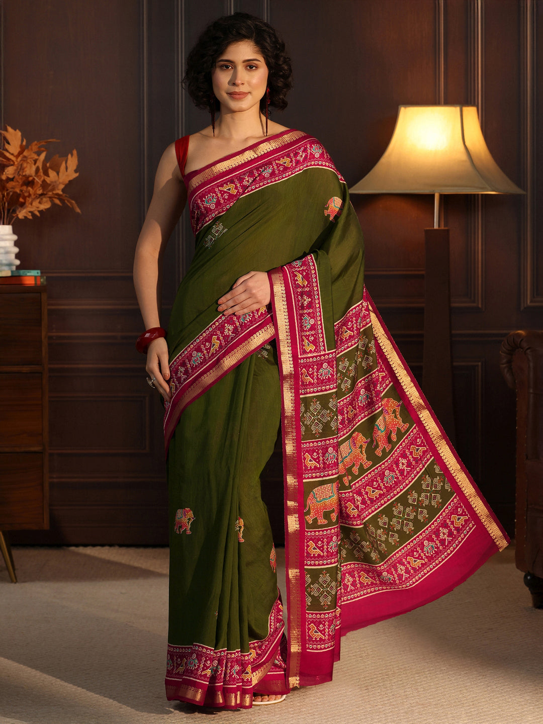  Libas Green Patola Border Printed Silk Blend Saree 