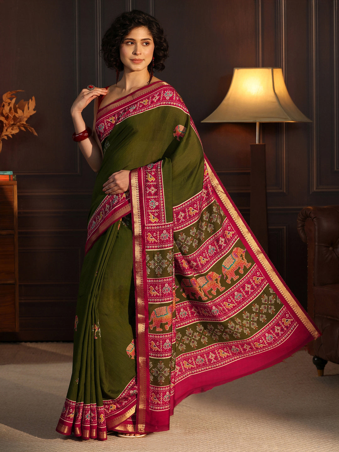  Libas Green Patola Border Printed Silk Blend Saree 