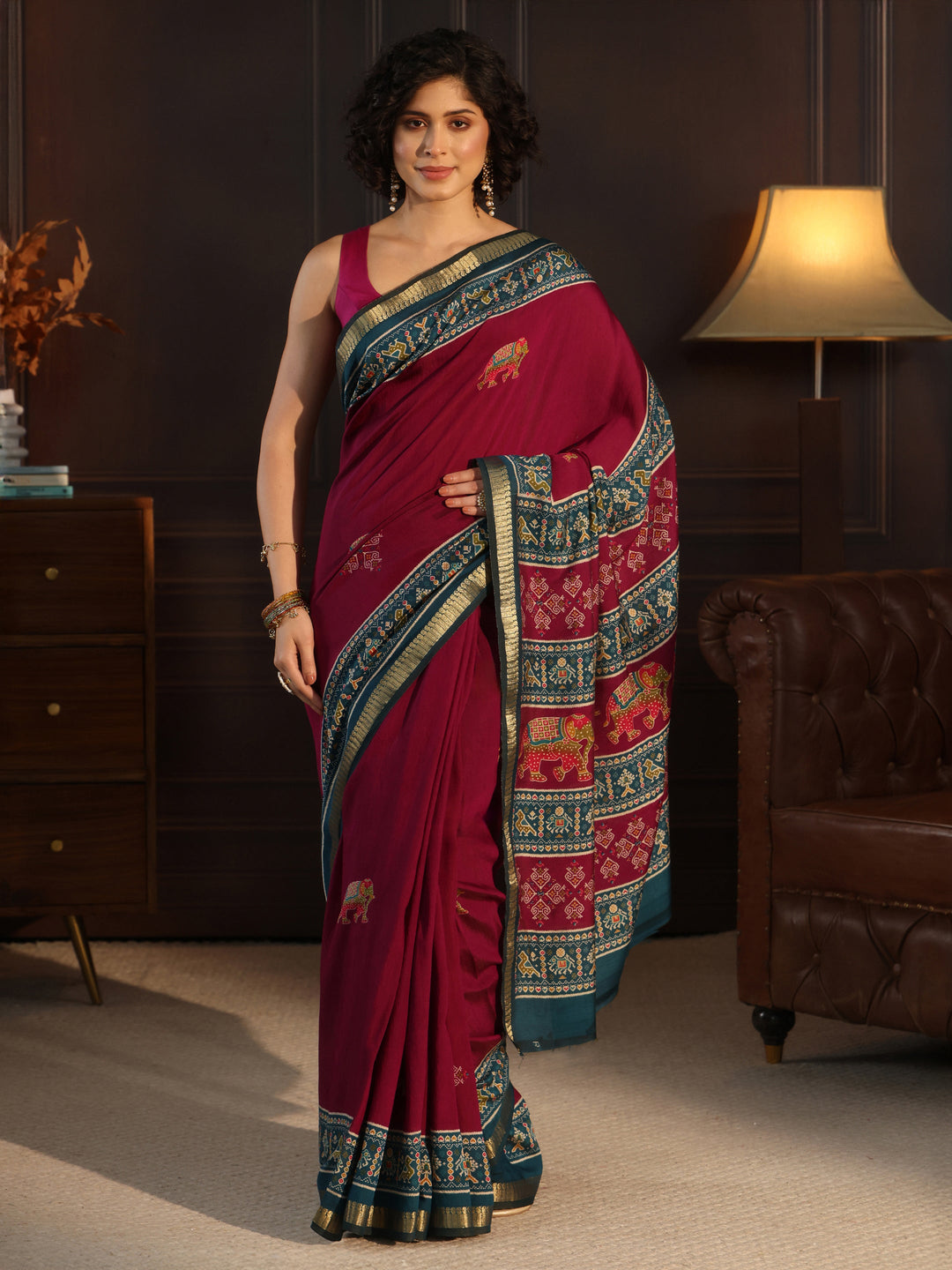  Libas Purple and Blue Printed Silk Blend Saree with Patola Pallu 