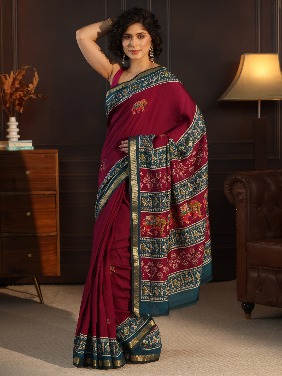  Libas Purple and Blue Printed Silk Blend Saree with Patola Pallu 