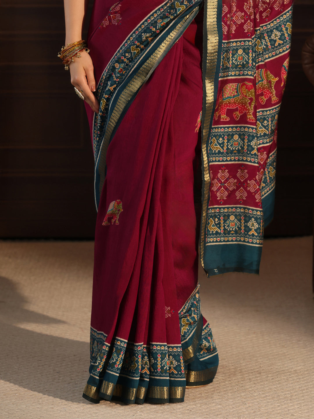  Libas Purple and Blue Printed Silk Blend Saree with Patola Pallu 