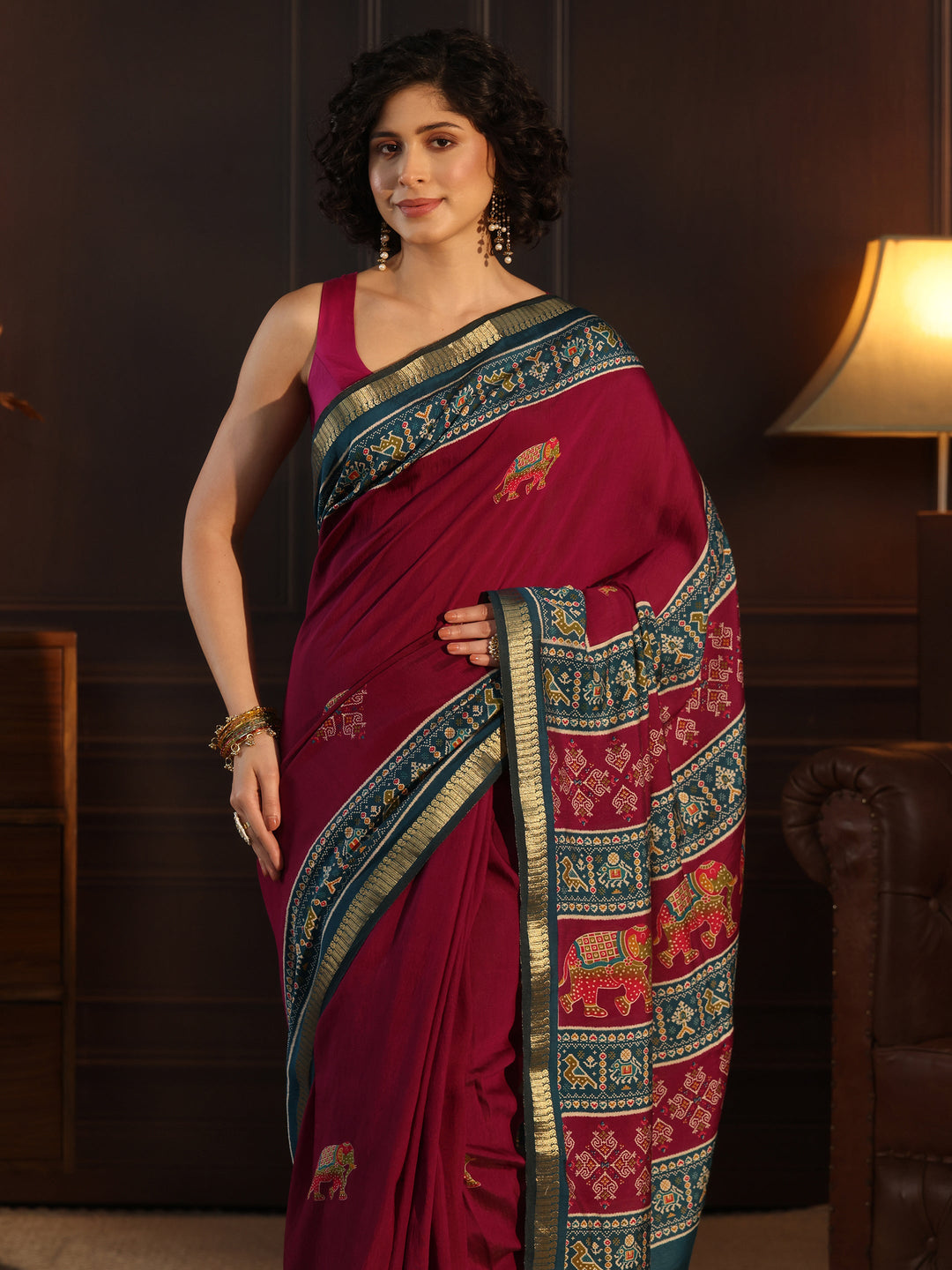  Libas Purple and Blue Printed Silk Blend Saree with Patola Pallu 