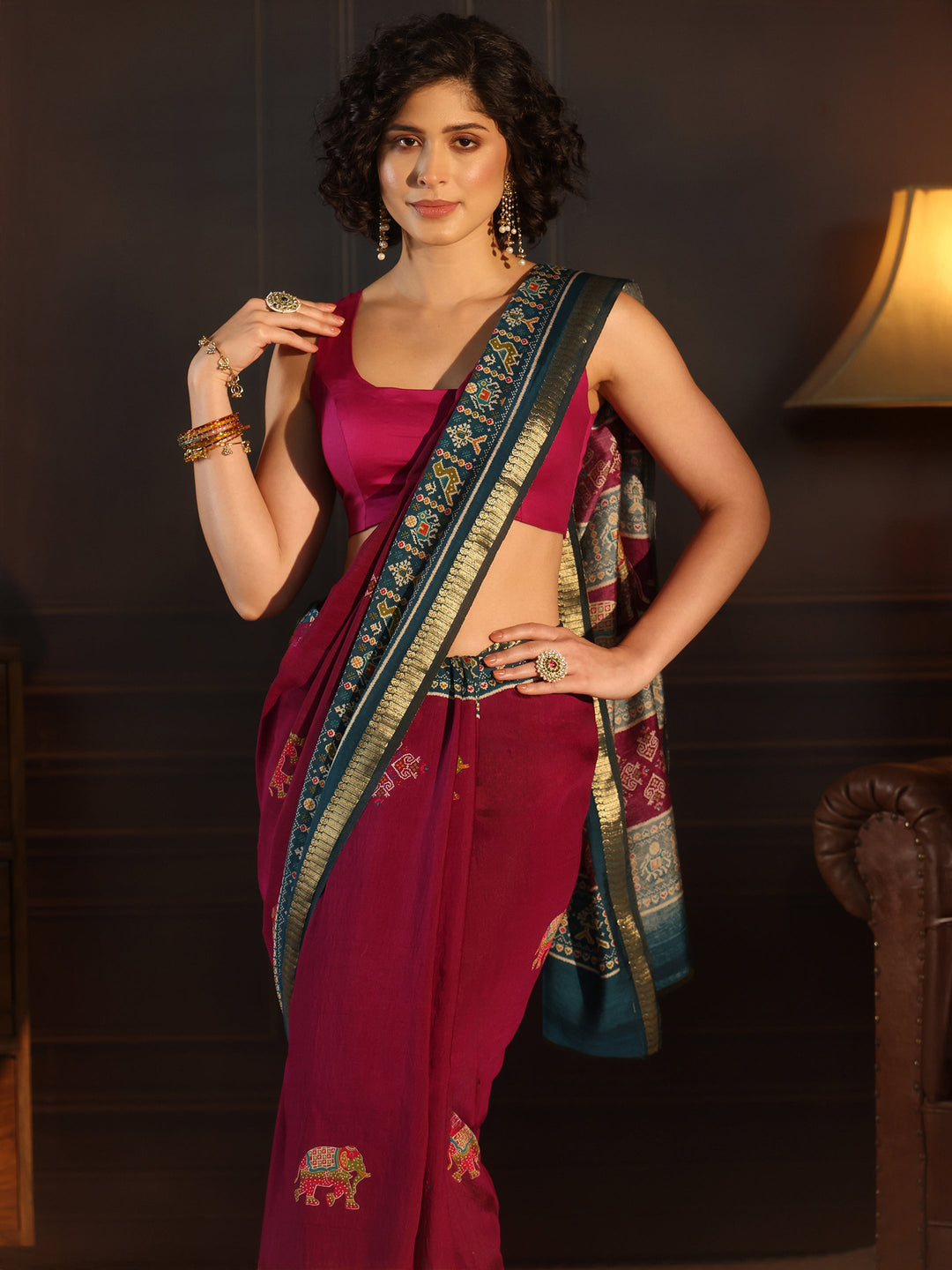  Libas Purple and Blue Printed Silk Blend Saree with Patola Pallu 