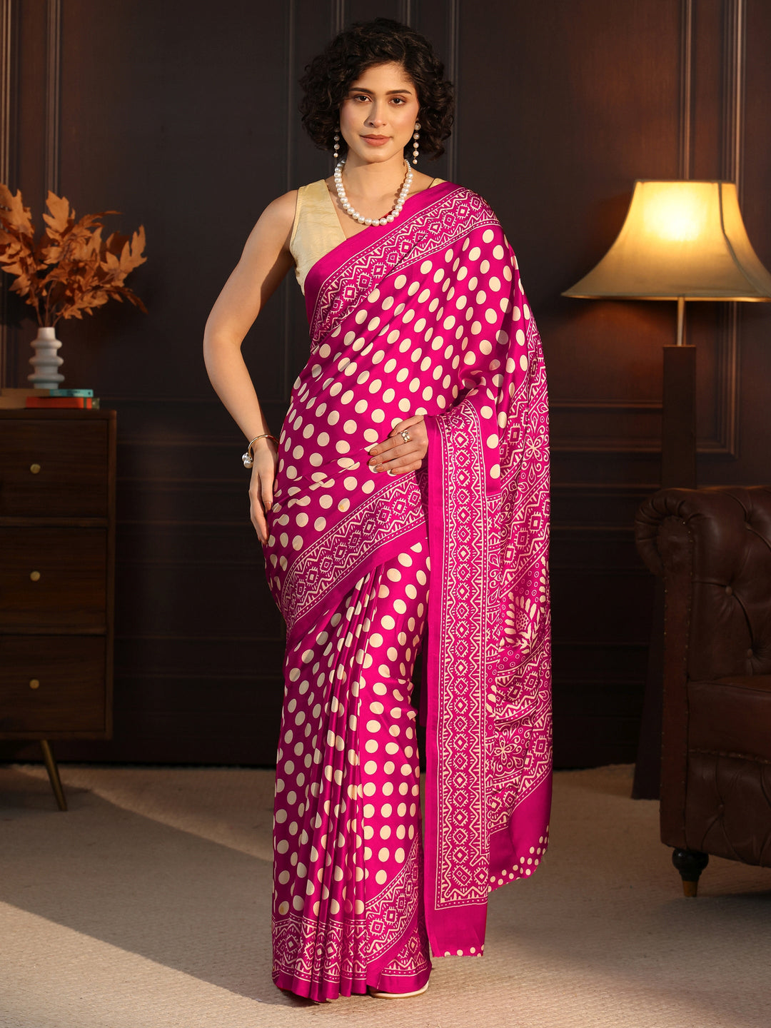 Libas Rani Pink Polka Dot Printed Silk Blend Saree 