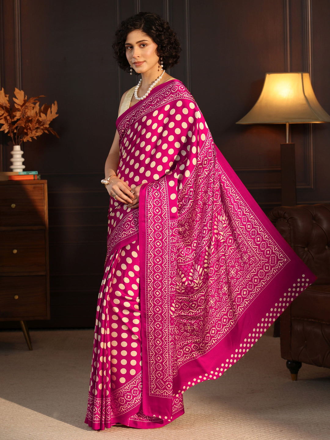  Libas Rani Pink Polka Dot Printed Silk Blend Saree 