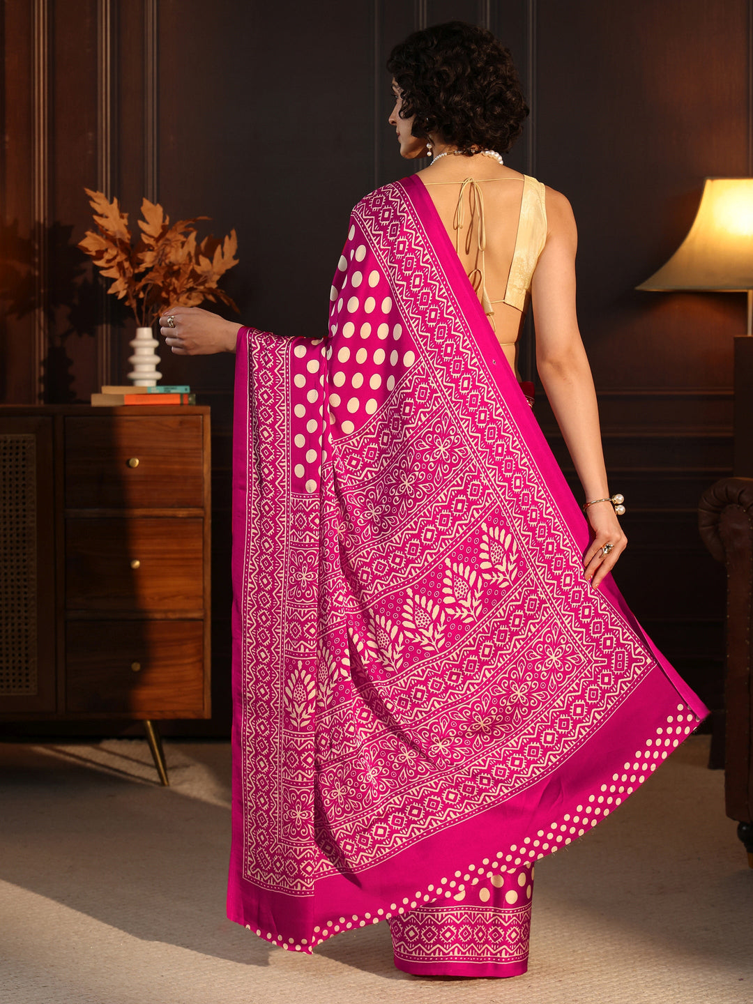  Libas Rani Pink Polka Dot Printed Silk Blend Saree 