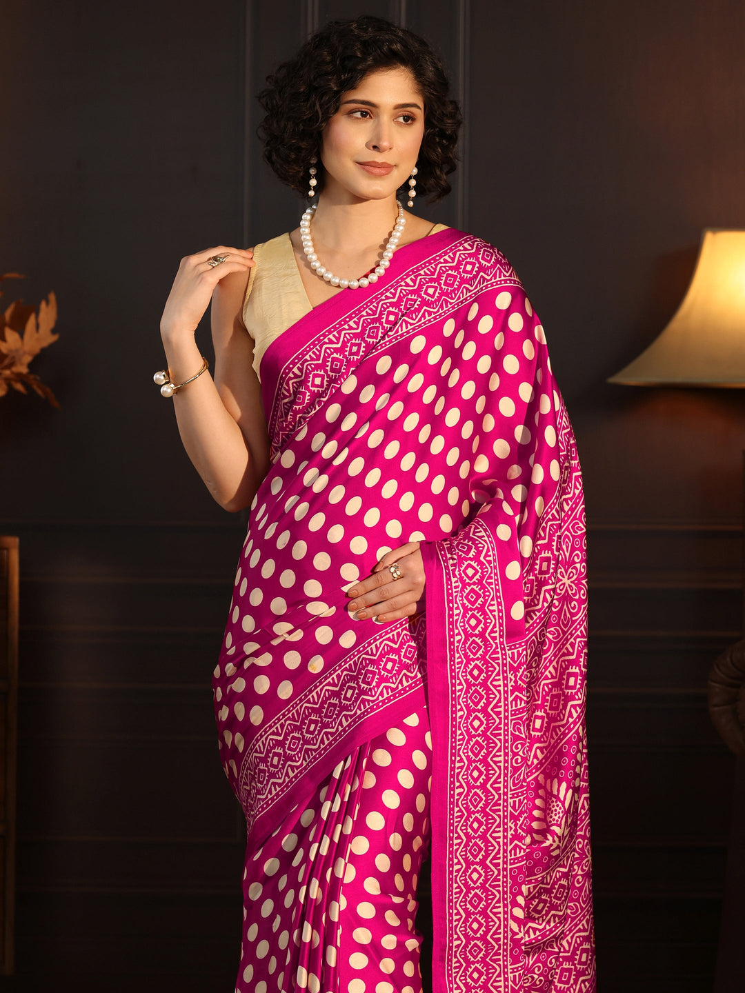  Libas Rani Pink Polka Dot Printed Silk Blend Saree 