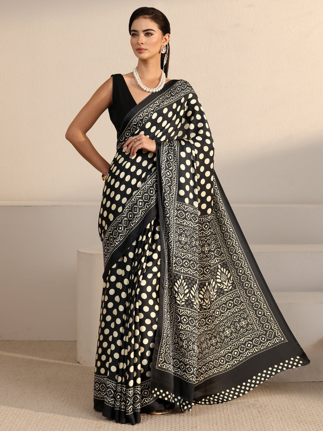  Libas Black Polka Dot Printed Silk Blend Saree 