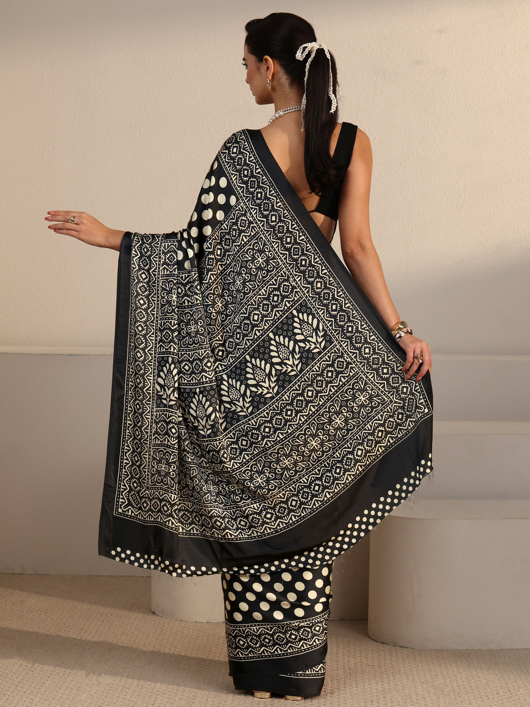  Libas Black Polka Dot Printed Silk Blend Saree 