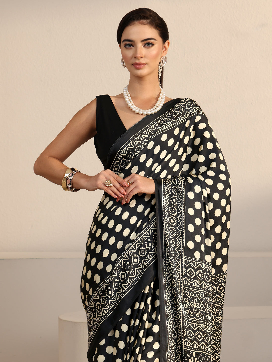  Libas Black Polka Dot Printed Silk Blend Saree 