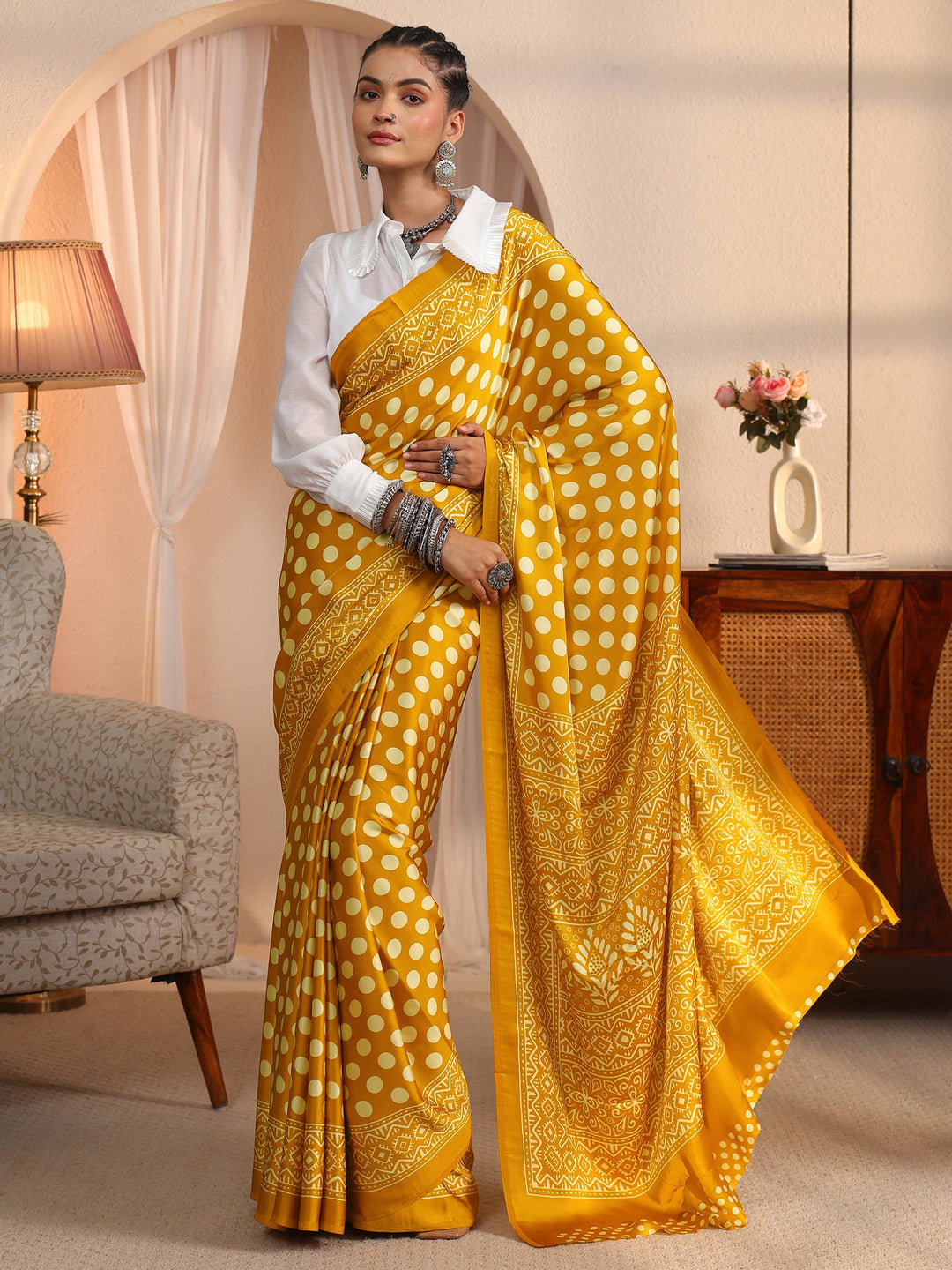  Libas Mustard Polka Dot Printed Silk Blend Saree 