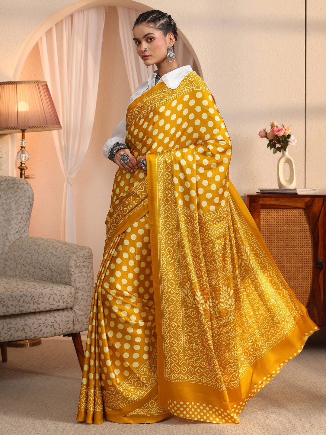  Libas Mustard Polka Dot Printed Silk Blend Saree 