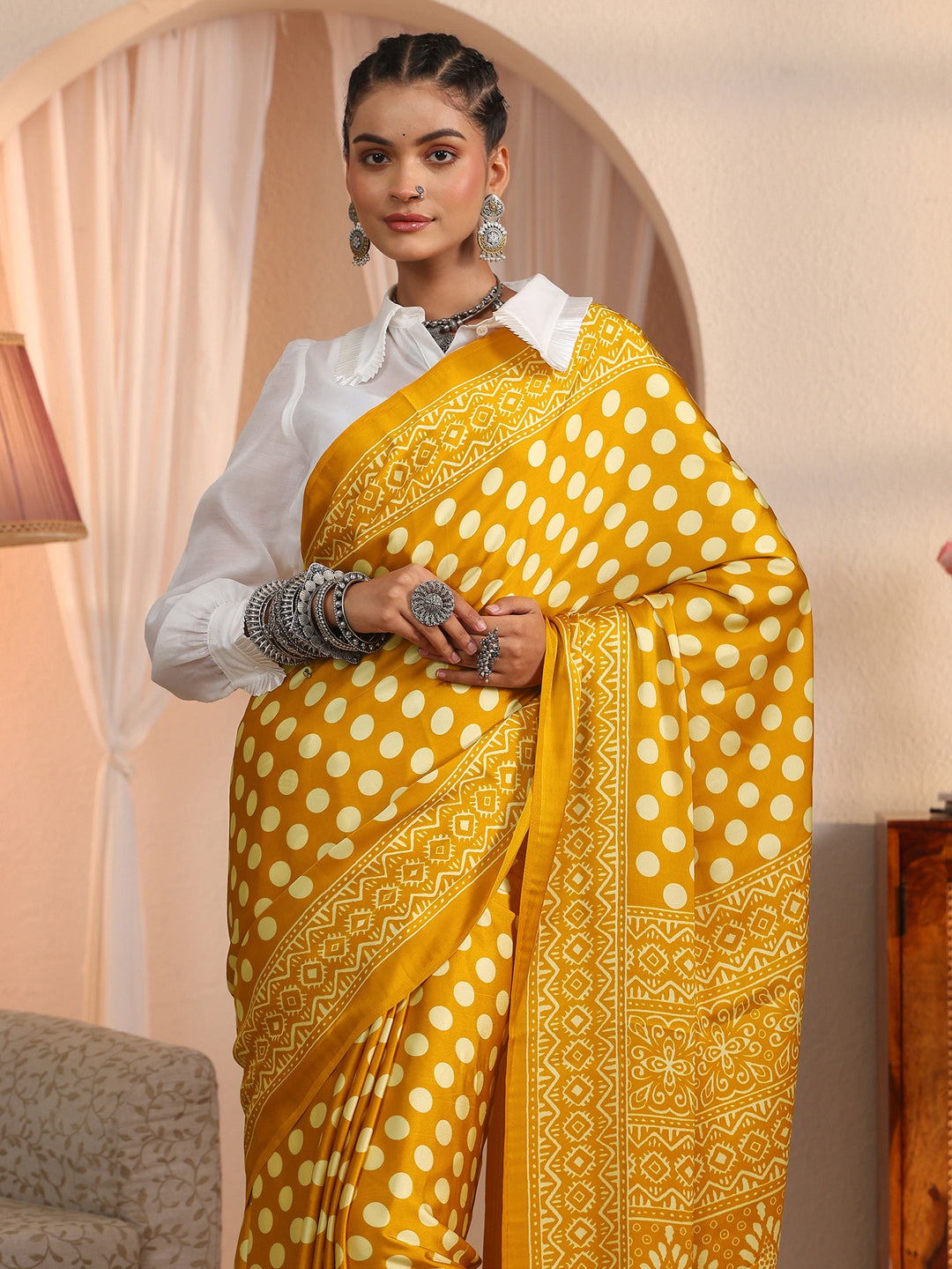  Libas Mustard Polka Dot Printed Silk Blend Saree 