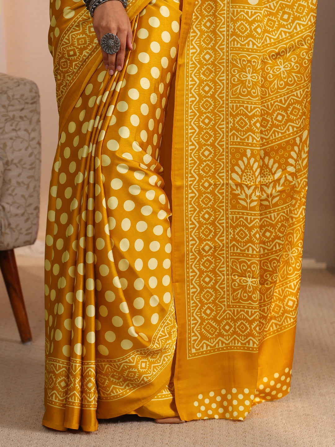  Libas Mustard Polka Dot Printed Silk Blend Saree 