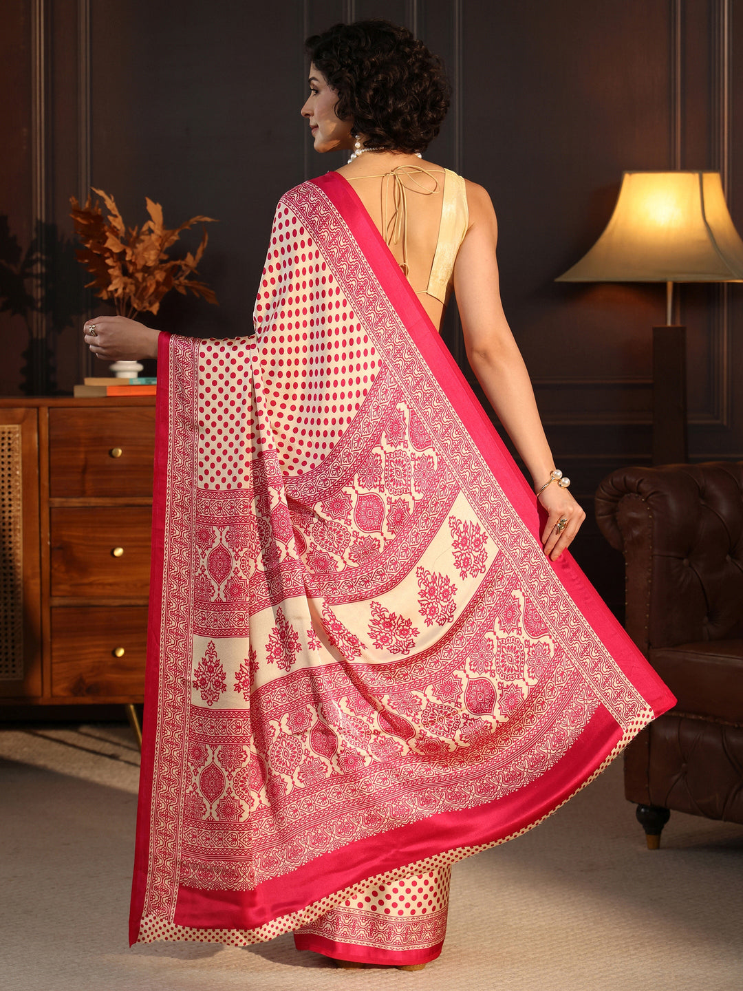  Libas Cream and Pink Polka Dot Printed Silk Blend Saree 
