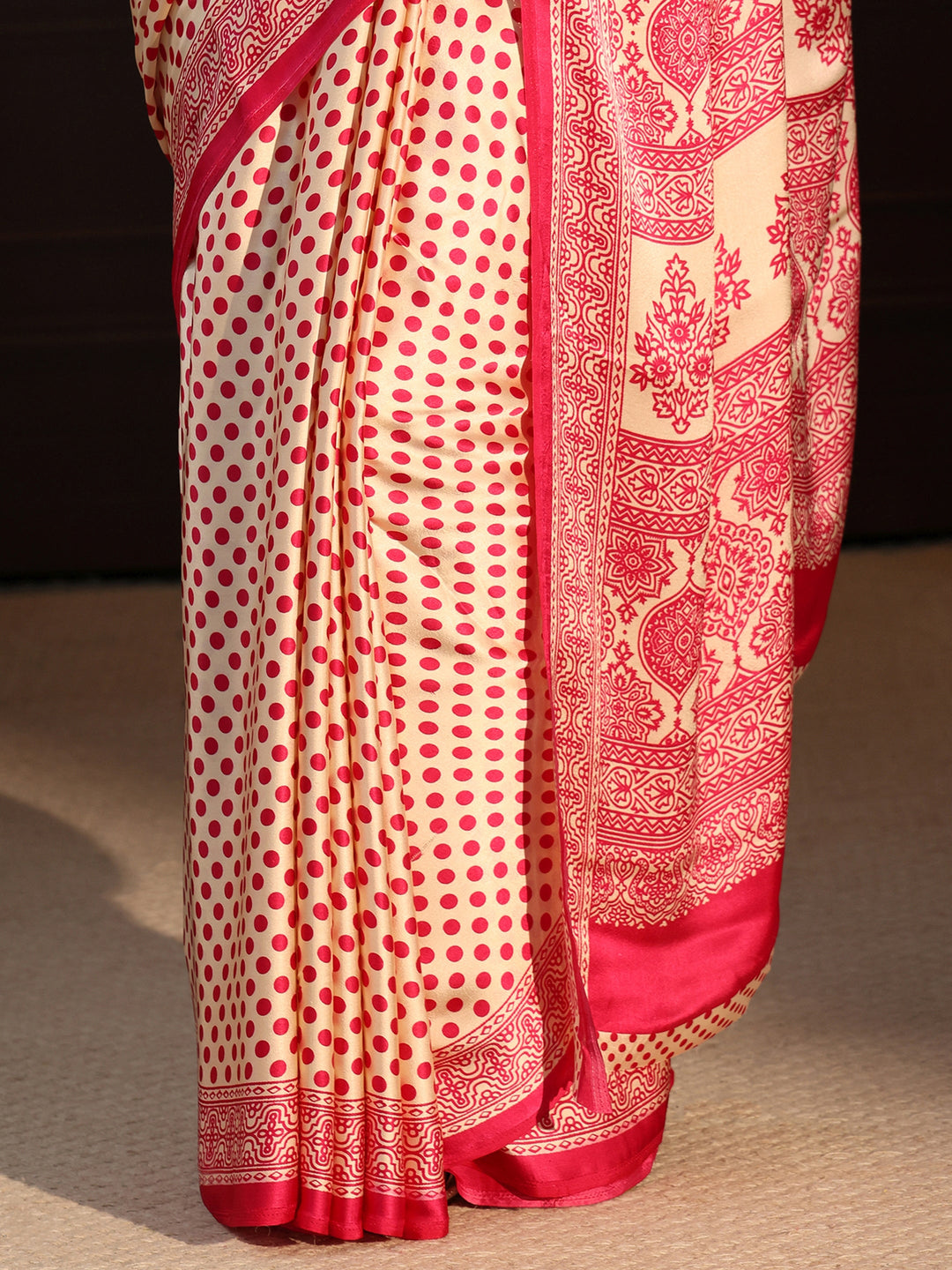  Libas Cream and Pink Polka Dot Printed Silk Blend Saree 