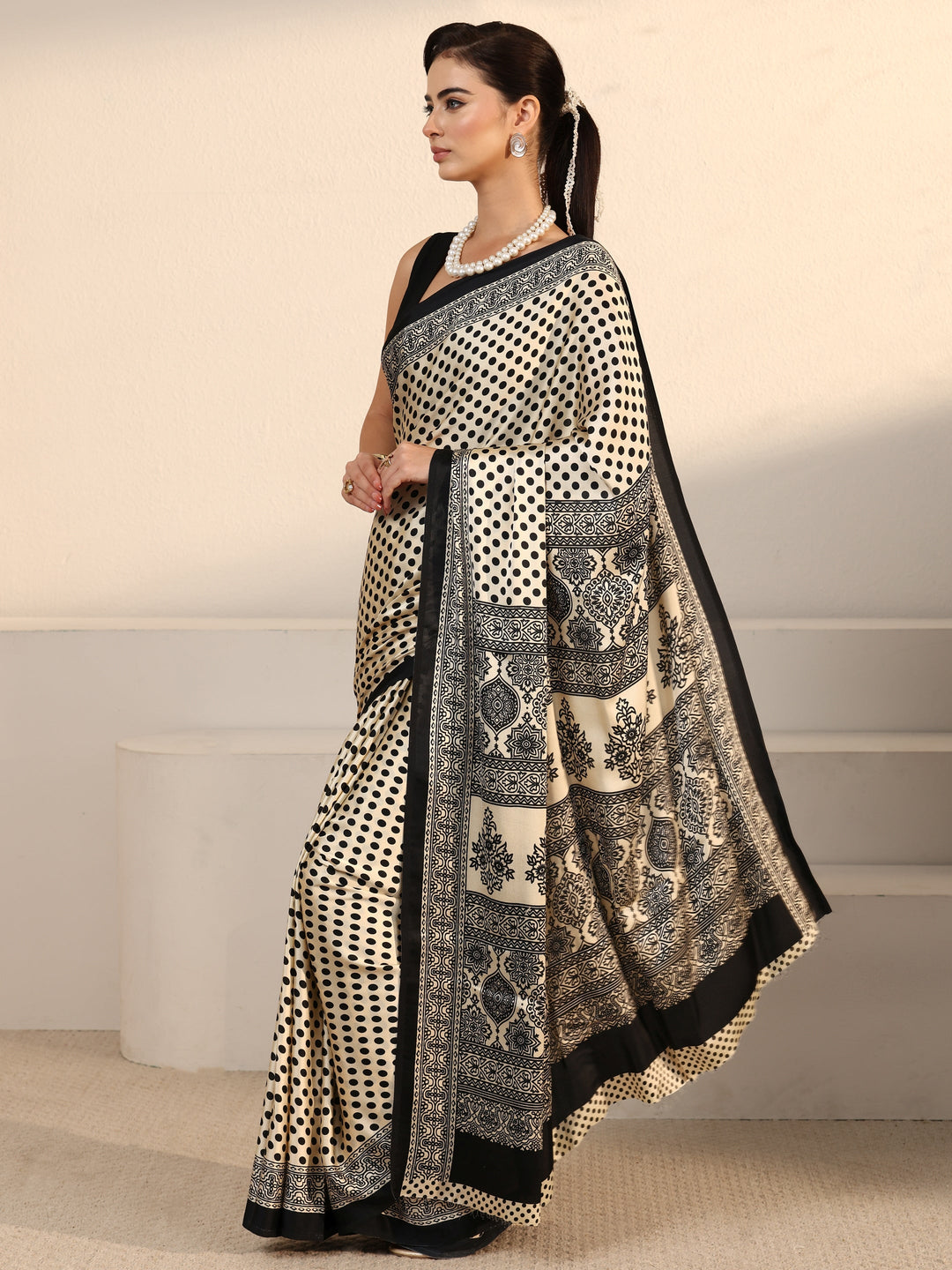  Libas Cream Polka Dot Printed Silk Blend Saree 