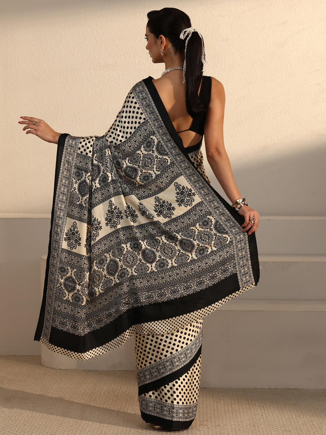  Libas Cream Polka Dot Printed Silk Blend Saree 