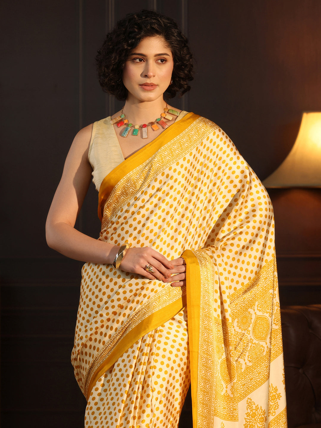  Libas Cream and Mustard Polka Dot Printed Silk Blend Saree 