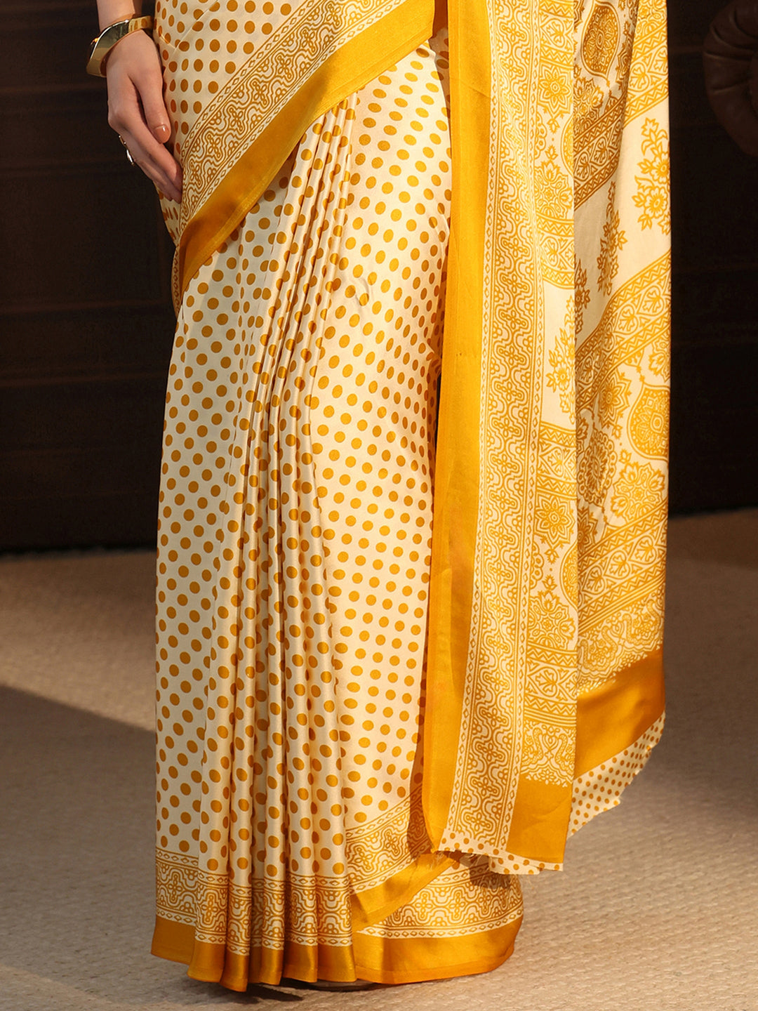  Libas Cream and Mustard Polka Dot Printed Silk Blend Saree 