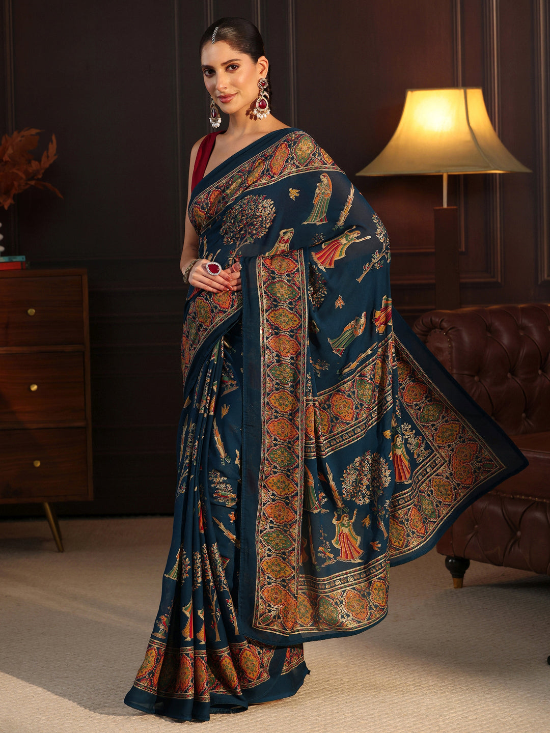  Libas Navy Blue Ethnic Printed Georgette Saree 