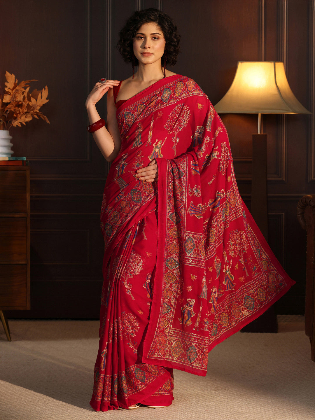  Libas Red Ethnic Printed Georgette Saree 