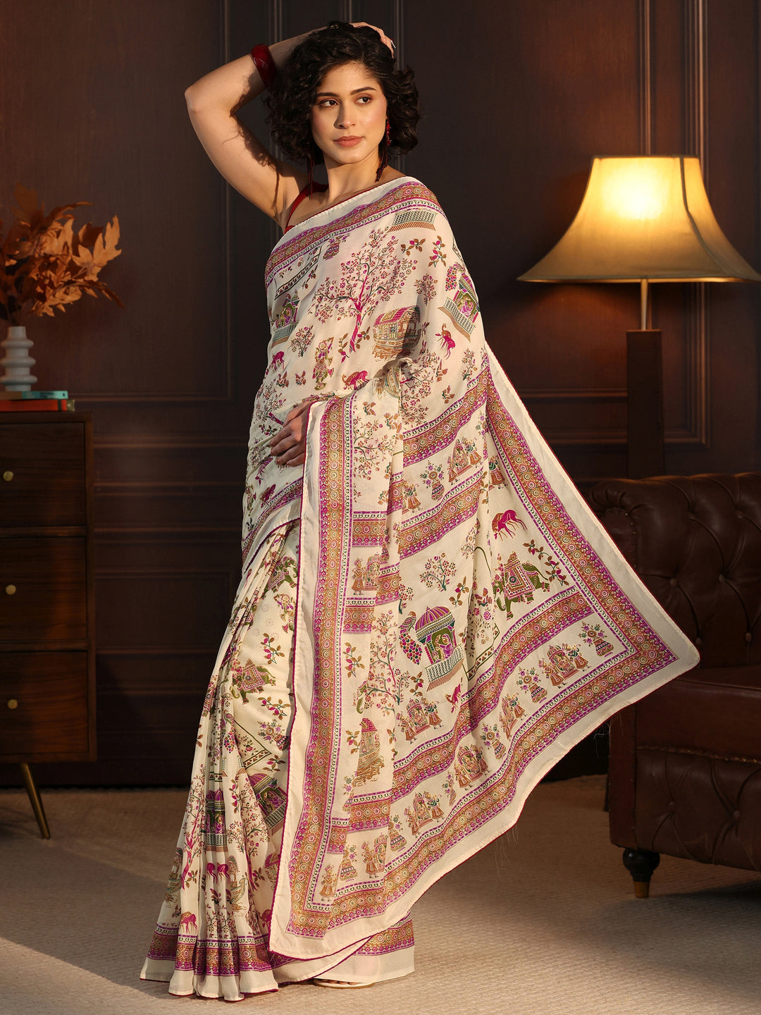  Libas Cream Ethnic Printed Georgette Saree 