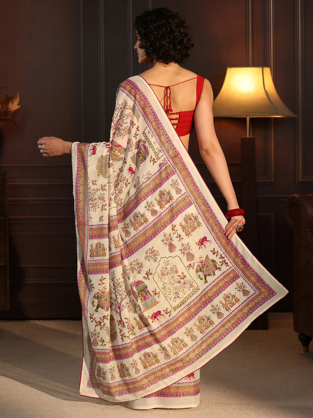  Libas Cream Ethnic Printed Georgette Saree 