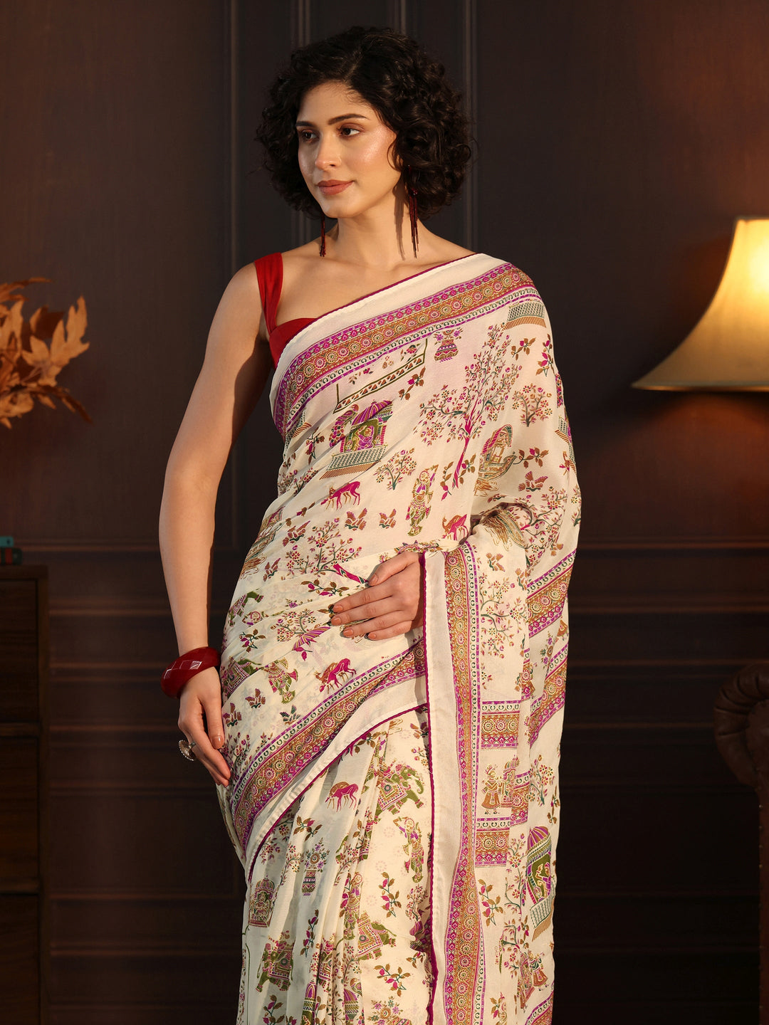  Libas Cream Ethnic Printed Georgette Saree 