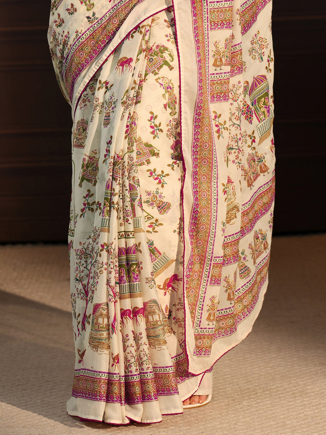  Libas Cream Ethnic Printed Georgette Saree 