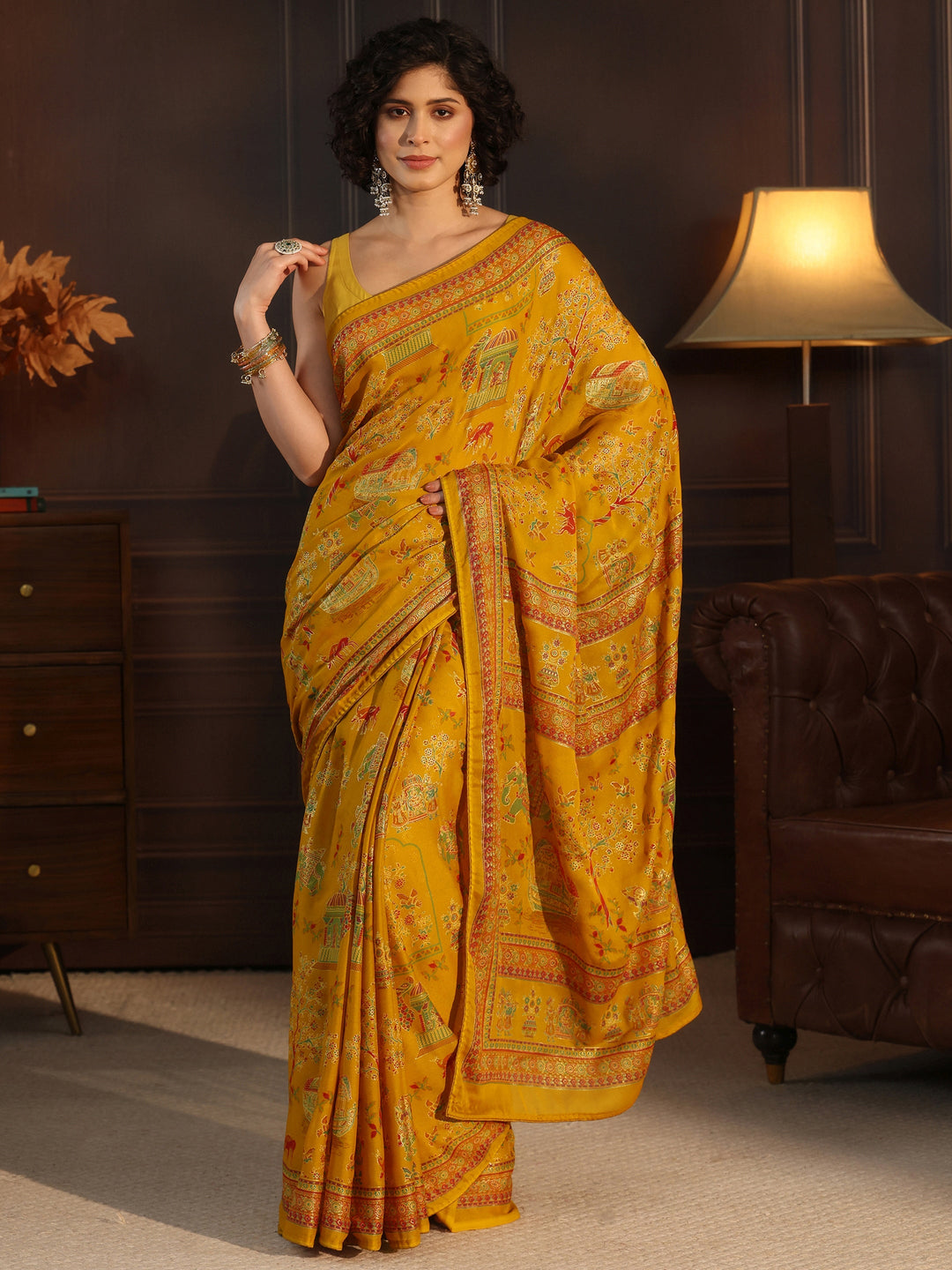  Libas Mustard Ethnic Printed Georgette Saree 