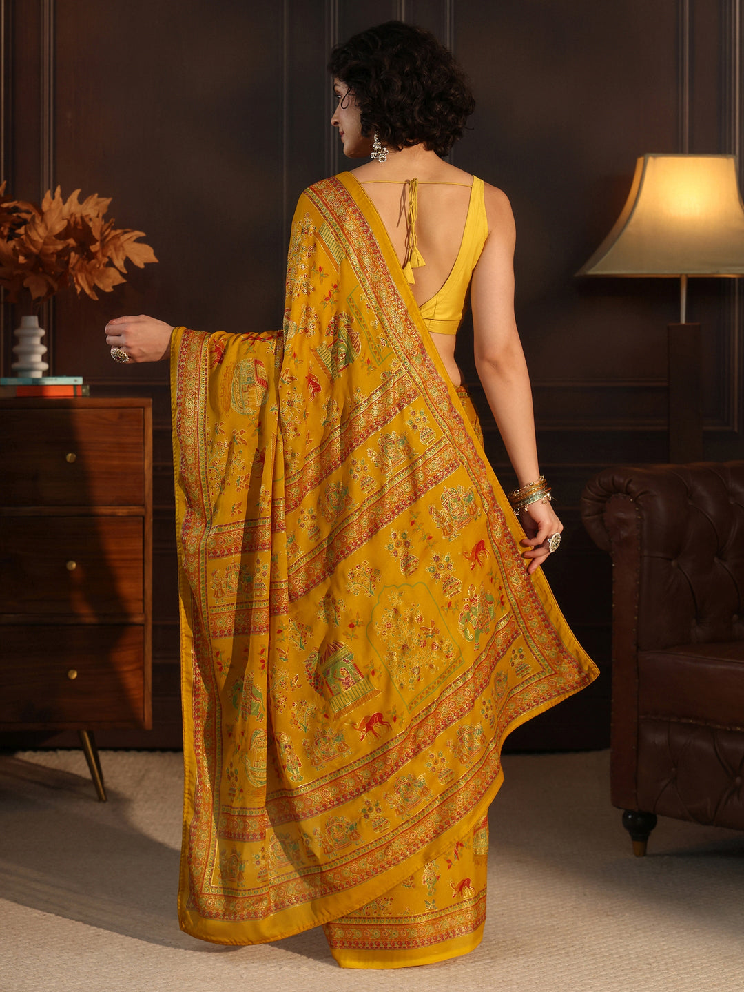  Libas Mustard Ethnic Printed Georgette Saree 