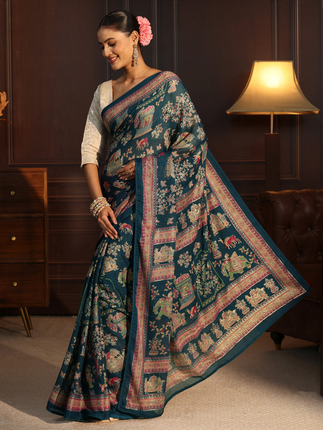  Libas Blue Ethnic Printed Georgette Saree 