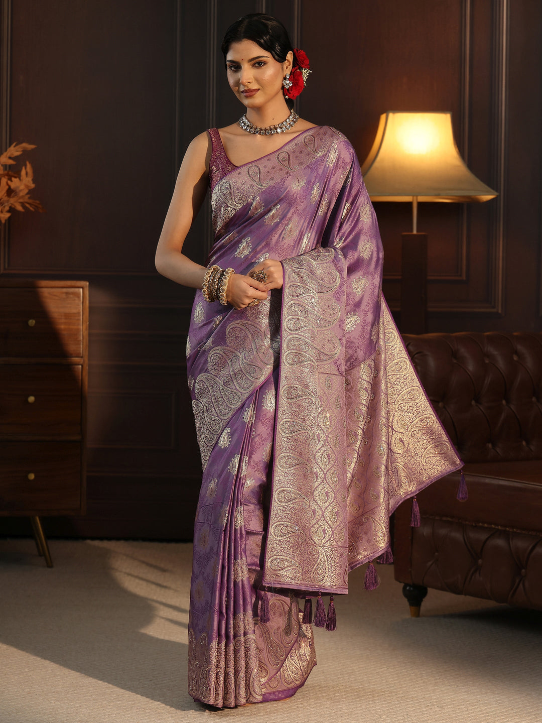  Libas Art Purple Paisley Woven Design Satin Saree 