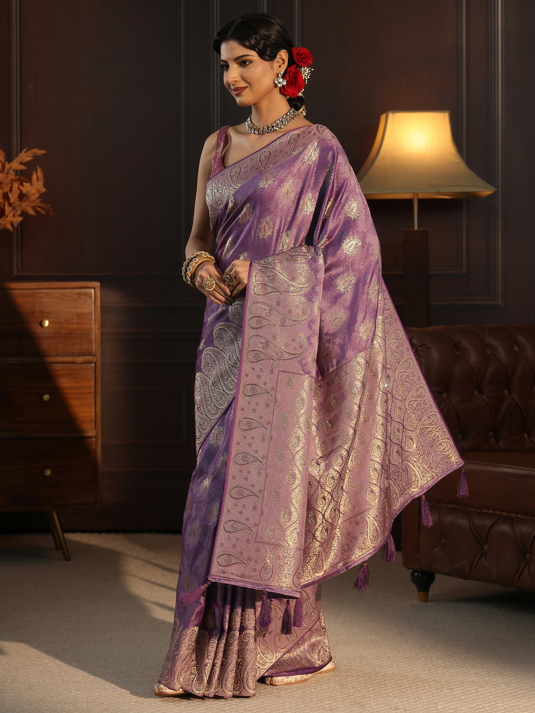  Libas Art Purple Paisley Woven Design Satin Saree 