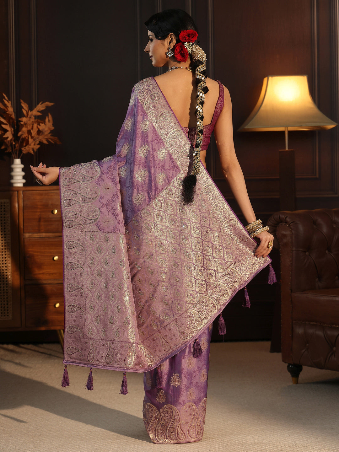  Libas Art Purple Paisley Woven Design Satin Saree 