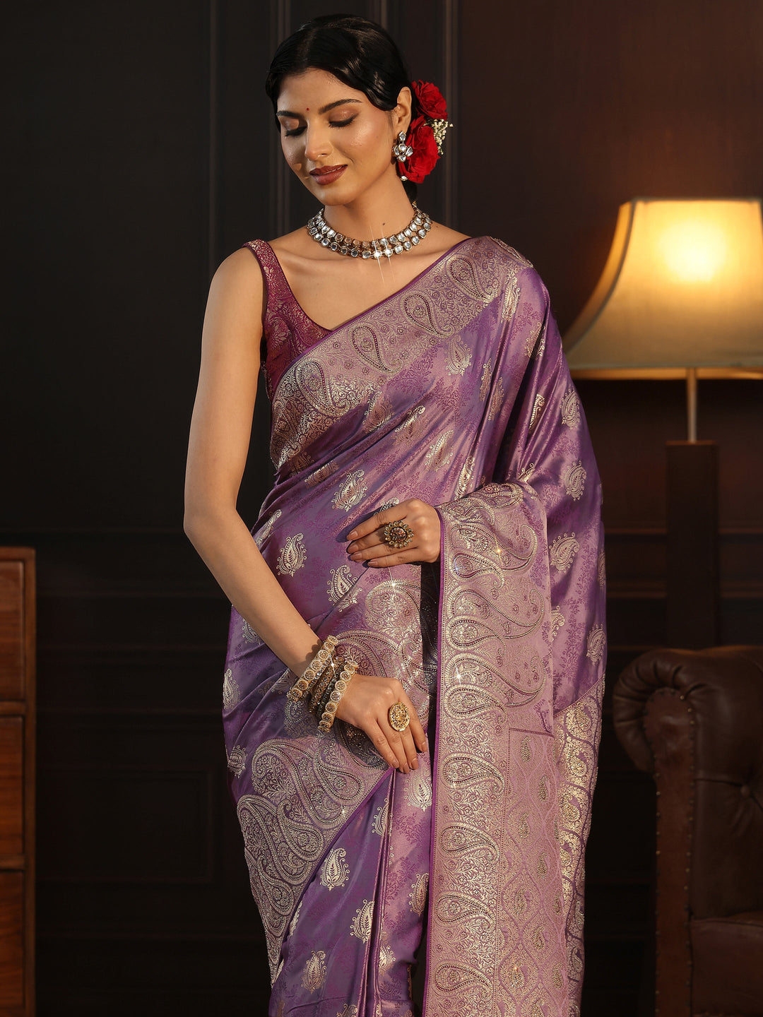  Libas Art Purple Paisley Woven Design Satin Saree 