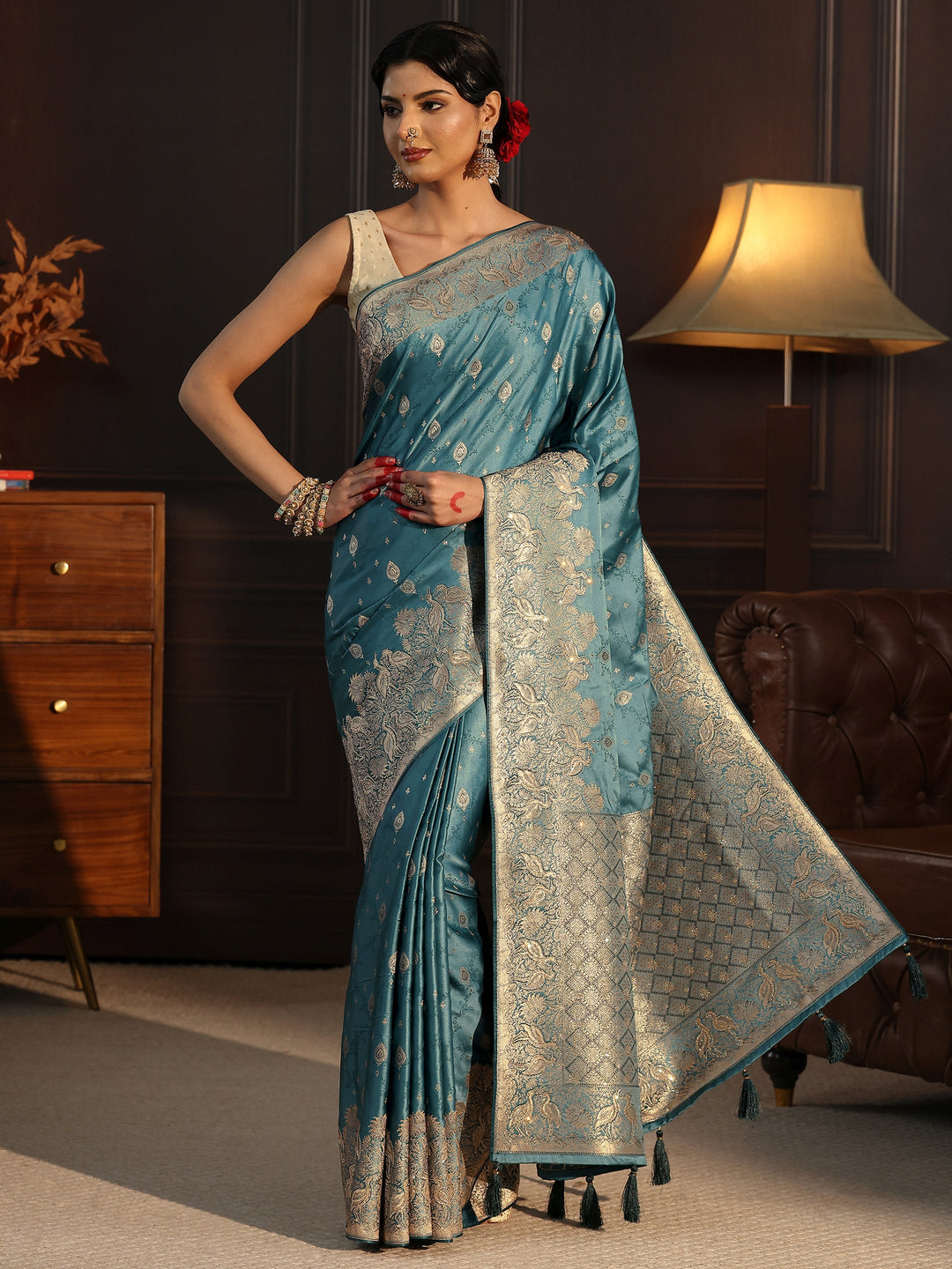  Libas Art Dusty Blue Ethnic Woven Design Satin Saree 