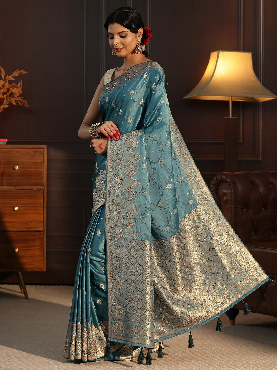  Libas Art Dusty Blue Ethnic Woven Design Satin Saree 